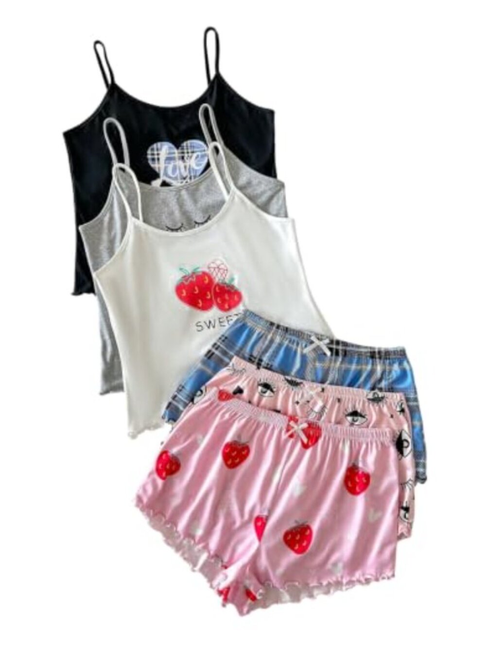 Winkbay Women's 3 Pack Graphic Cami & Shorts Pajama Lounge Set Polyester